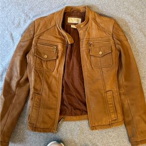 MICHAEL Michael Kors Brown Leather Jacket with Moto Style